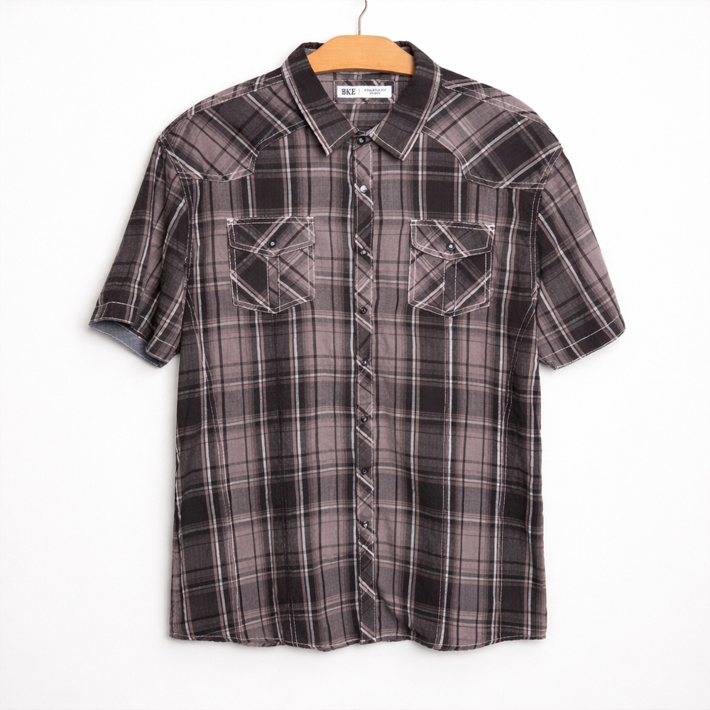 BKE Athletic Fit Plaid Snap Button Shirt XXL Gray Western Short Sleeve